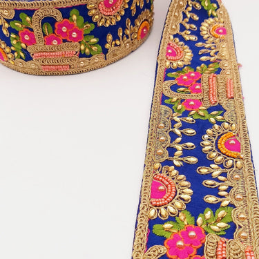 Royal Blue Art Silk Fabric Trim With Green, Orange, Pink And Gold Floral Embroidery